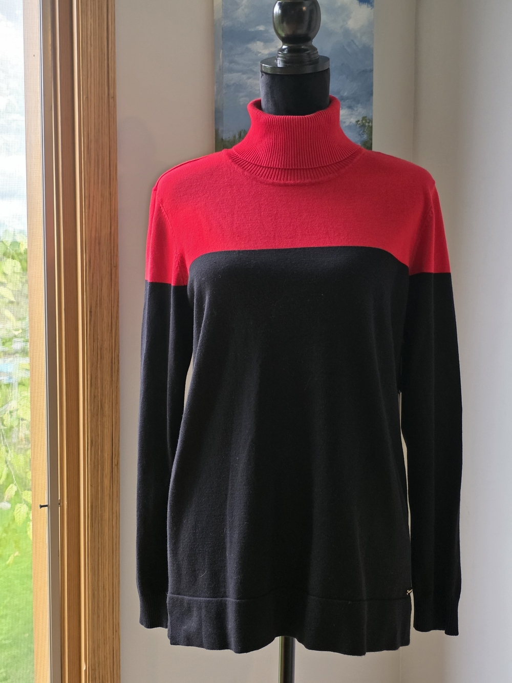 Calvin Klein Red & Black Colorblock Turtleneck Sweater, Women's Medium